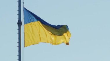Ukrayna 'nın ulusal bayrağı rüzgarda dalgalanır gökyüzüne karşı bir bayrak direğinde