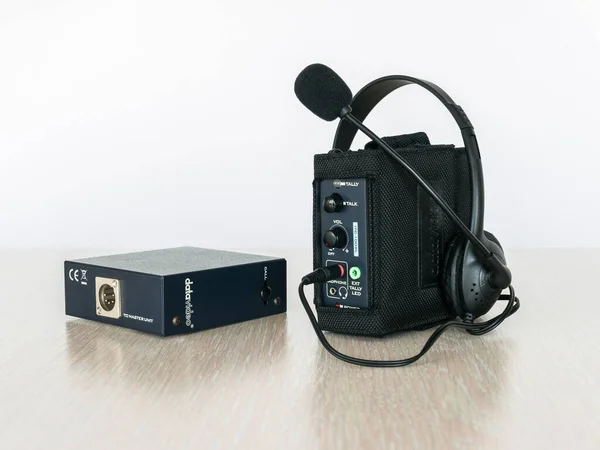 Zaporizhia, Ukraine - October 17, 2023: Datavideo ITC-100SL Beltpack for ITC-100 Intercom System in a case and turned with the back panel without a case