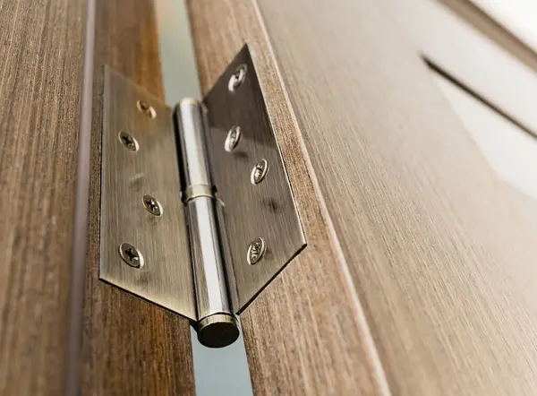 Close-up of a door hinge on a wooden interior door with glass inserts.