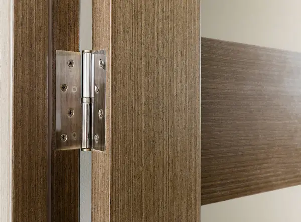 Door hinge on a wooden interior door with glass inserts.