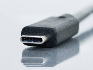 C tipi konnektörün beyaz arkaplanda yansıma ile izole edilmiş makro görüntüsü