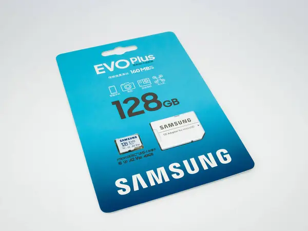Zaporizhzhia, Ukrayna - 19 Ağustos 2024: Samsung 128 GB mikroSDXC Sınıf 10 UHS-I U3 V30 A2 EVO Plus Hafıza Kartı ve SD Adaptörü Beyaz Arkaplanda İzole Edilmiş