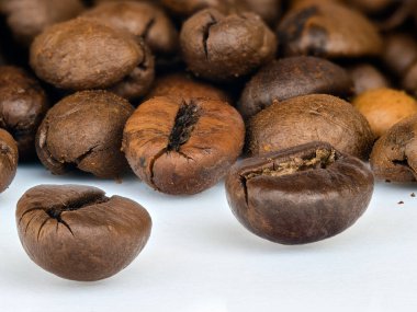 Beyaz arka planda kahve çekirdeklerinin makro fotoğrafı.