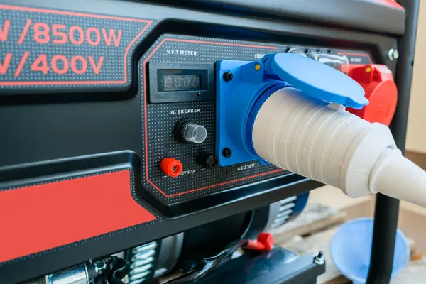 Benzinle çalışan bir elektrik jeneratörüne bağlı güç kablosu bağlantısının yakın plan görüntüsü