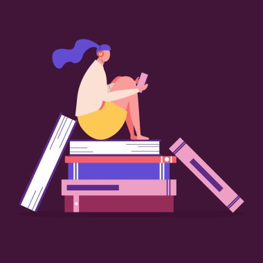 Kitap ikonu yığını üzerinde sesli kitap dinleyen kadın. Kitabevi uygulaması dijital eğitim konsepti ilüstrasyonu . 