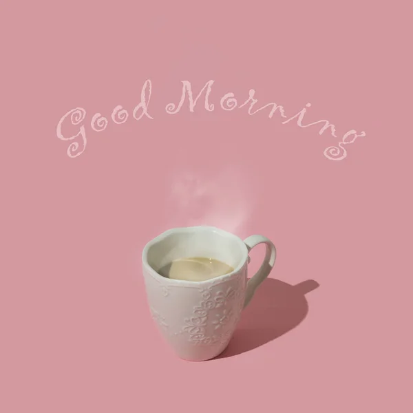 Fancy Composition Made Steaming Coffee Pastel Pink Background Good Morning — Stock Photo, Image