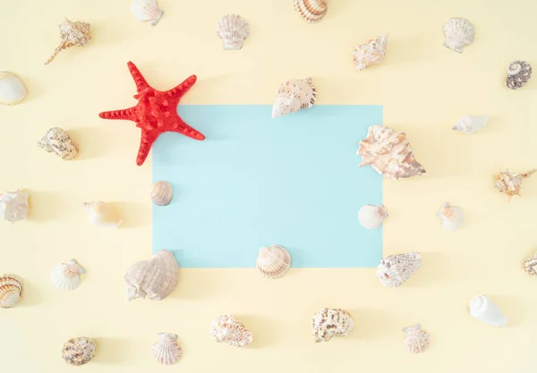 Trendy summer pattern made of sea shells and red starfish with light blue paper card note copy space on bright cream background. Minimal summer concept. Creative exotic summer flat lay.