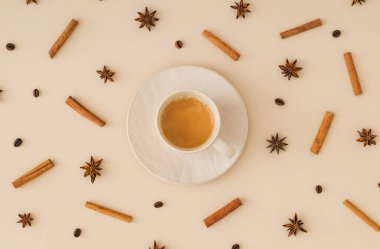 Kahve çekirdekleri, tarçın çubukları ve pastel kremalı bir fincan kahveli yıldız anason 'dan oluşan yaratıcı bir model. Minimum kahve konsepti. Düz yatıyordu.