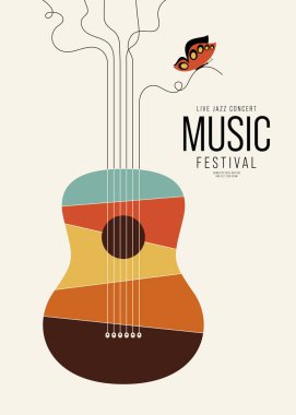 Müzik festivali poster tasarımı akustik gitarla arka plan. Arkaplan, pankart, broşür, broşür, baskı, yayın, vektör illüstrasyonu için tasarım ögesi şablonu