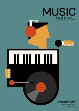 Piyano ve vinil plaklı müzik afişi tasarımı şablonu. Tasarım şablonu arkaplan, pankart, broşür, broşür, broşür, el ilanı, baskı, yayın, vektör ilülasyonu için kullanılabilir