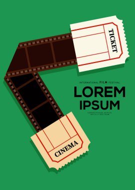 Film ve film afişi, sinema biletiyle arka plan tasarımı. Arkaplan, pankart, broşür, broşür, broşür, broşür, baskı, yayın, vektör illüstrasyonu için kullanılabilir