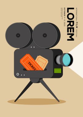 Klasik film kameralı film afişi tasarım şablonu. Arkaplan, pankart, broşür, broşür, broşür, broşür, baskı, yayın, vektör illüstrasyonu için kullanılabilir