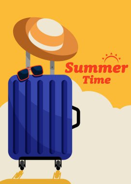 Yaz tatili ve seyahat ekipmanları izometrik düz tasarım stili ile mutlu tatil konsepti dekoratifi, vektör illüstrasyonu