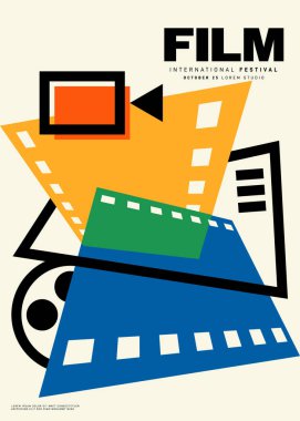Film posteri tasarım şablonu arka planı geometrik şekilli modern tarzda. Tasarım ögesi arkaplan, pankart, broşür, broşür, broşür, el ilanı, baskı, yayın, vektör ilülasyonu için kullanılabilir