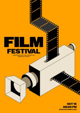 Film ve film festivali poster şablonu tasarımı modern vintage retro tarzı. Tasarım ögesi arkaplan, pankart, broşür, broşür, broşür, el ilanı, baskı, yayın, vektör ilülasyonu için kullanılabilir