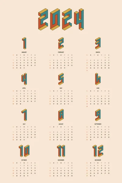 2024 Póster Calendario Imprimible Dividir Por Mes Plantilla Diseño Estilo — Archivo Imágenes Vectoriales