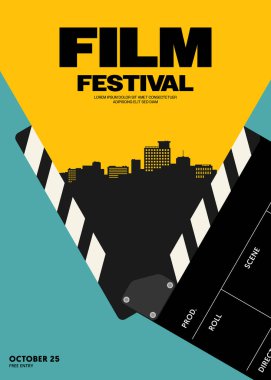 Film ve film festivali poster şablonu tasarımı modern vintage retro tarzı. Tasarım ögesi arkaplan, pankart, broşür, broşür, broşür, el ilanı, baskı, yayın, vektör ilülasyonu için kullanılabilir