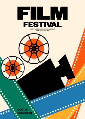 Film ve film festivali poster şablonu tasarımı modern vintage retro tarzı. Tasarım ögesi arkaplan, pankart, broşür, broşür, broşür, el ilanı, baskı, yayın, vektör ilülasyonu için kullanılabilir
