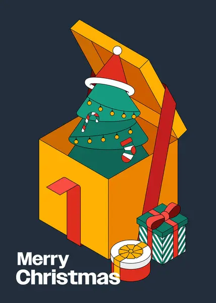 Mutlu Noel Dekoratifi Hediye Kutusu Izometrik Düz Tasarım Tarzında Ağaç Telifsiz Stok Illüstrasyonlar