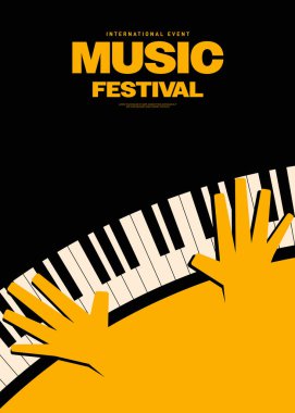 Müzik festivali poster şablonu tasarım arka planında eski tarz piyano çalan bir sanatçı. Tasarım ögesi arkaplan, pankart, broşür, broşür, broşür, broşür, baskı, vektör ilülasyonu için kullanılabilir