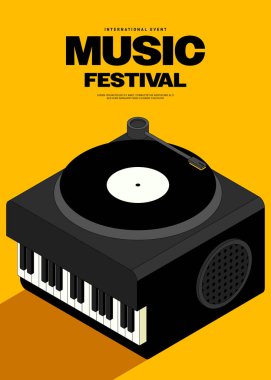 Müzik festivali poster tasarımı, piyano ve vinil kayıt izometrik stili. Tasarım ögesi arkaplan, pankart, broşür, broşür, broşür, broşür, baskı, vektör ilülasyonu için kullanılabilir