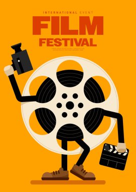 Movie and film festival poster template design background with film reel and camera. Design element can be used for backdrop, banner, brochure, leaflet, flyer, print, publication, vector illustration clipart