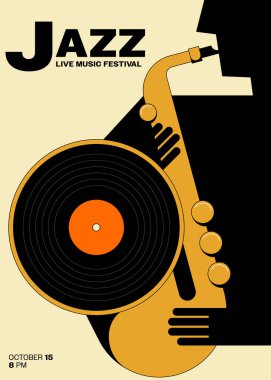 Caz müzik festivali poster şablonu tasarımı modern vintage retro tarzı. Tasarım ögesi arkaplan, pankart, broşür, broşür, broşür, broşür, baskı, vektör ilülasyonu için kullanılabilir