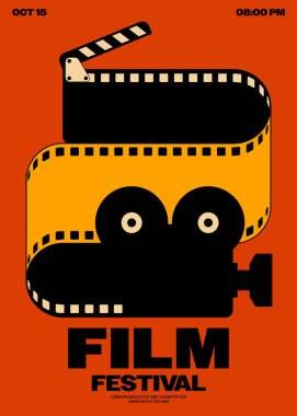 Film ve film festivali poster şablonu, arka plan klasik film şeritli tasarım. Tasarım ögesi pankart, broşür, broşür, broşür, broşür, baskı, vektör illüstrasyonu için kullanılabilir