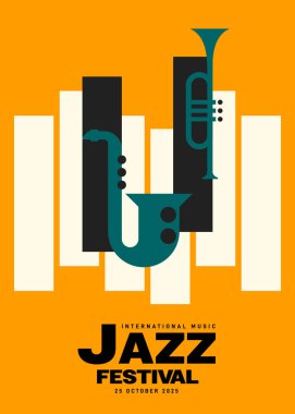Caz müzik festivali poster şablonu tasarımı modern vintage retro tarzı. Tasarım ögesi arkaplan, pankart, broşür, broşür, broşür, broşür, baskı, vektör ilülasyonu için kullanılabilir
