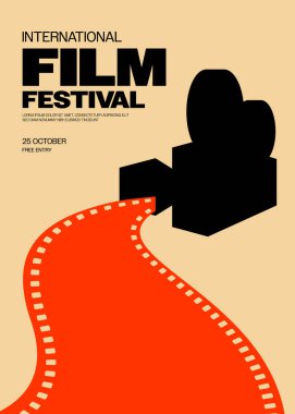 Film ve film festivali poster şablonu kamera ve film şeridi ile arka plan klasik tasarımı. Tasarım ögesi pankart, broşür, broşür, broşür, broşür, baskı, vektör illüstrasyonu için kullanılabilir
