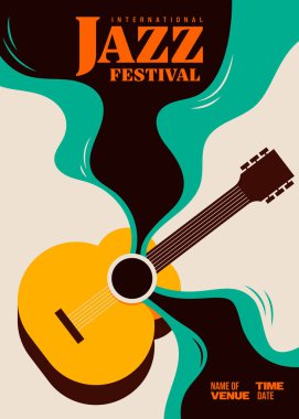 Caz müzik festivali poster şablonu akustik gitarlı tasarım. Tasarım ögesi arkaplan, pankart, broşür, broşür, broşür, broşür, baskı, vektör ilülasyonu için kullanılabilir