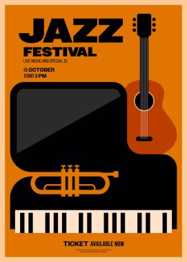Caz müzik festivali poster tasarımı müzik enstrümanlı arka plan. Tasarım ögesi arkaplan, pankart, broşür, broşür, broşür, broşür, baskı, vektör ilülasyonu için kullanılabilir
