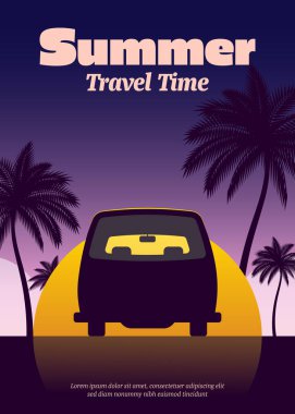 Dramatik gökyüzü arkaplanının önünde klasik arabalı yaz günbatımı manzarası. Tasarım ögesi arkaplan, duvar kağıdı, yazdırma, vektör illüstrasyonu için kullanılabilir