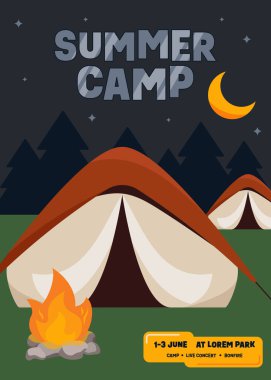 Yaz kampı poster tasarımı gece dekorasyonu çadır, şenlik ateşi, dağ manzarası düz tasarım. Tasarım ögesi arkaplan, arkaplan, broşür, broşür, baskı, vektör illüstrasyonu için kullanılabilir