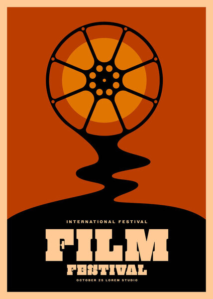 Фильм и кинофестиваль плакат шаблон дизайн фона винтажный ретро стиль с кинокатушкой. Элемент дизайна может быть использован для баннера, брошюры, листовки, листовки, печати, векторной иллюстрации