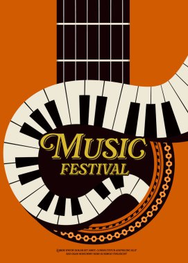 Caz müzik festivali poster şablonu akustik gitar ve piyano klavyeli tasarım arka planı. Tasarım ögesi arkaplan, pankart, broşür, broşür, broşür, broşür, baskı, vektör ilülasyonu için kullanılabilir