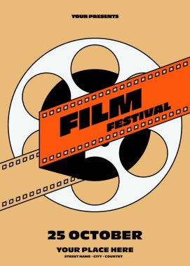 Film ve film festivali poster şablonu tasarımı. Modern klasik film tarzıyla. Tasarım ögesi pankart, broşür, broşür, broşür, broşür, baskı, vektör illüstrasyonu için kullanılabilir