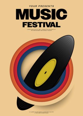 Müzik festivali poster şablonu tasarım arka planında vinil plak modern vintage retro tarzı. Tasarım ögesi arkaplan, pankart, broşür, broşür, broşür, broşür, baskı, vektör ilülasyonu için kullanılabilir