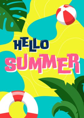 Yaz tatili konsepti arka plan dekoratifi deniz ve şişirilebilir halka düz tasarım tarzı, vektör illüstrasyonu