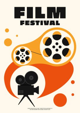 Kamera ve film makaralı film festivali poster tasarımı. Tasarım ögesi pankart, broşür, broşür, broşür, broşür, baskı, vektör illüstrasyonu için kullanılabilir