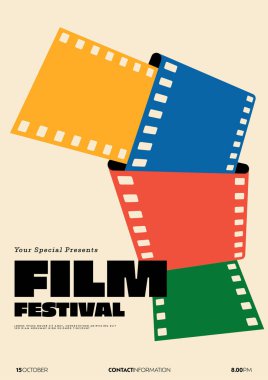 Film ve film festivali poster şablonu tasarımı. Renkli film şeridi düğümlenmiş. Tasarım ögesi pankart, broşür, broşür, broşür, broşür, baskı, vektör illüstrasyonu için kullanılabilir