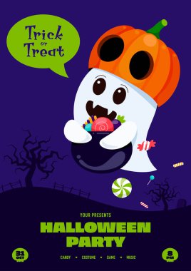 Cadılar Bayramı parti poster tasarımı dekoratif şirin hayalet ve balkabağı karakteri düz tasarım tarzıyla. Tasarım ögesi davet, broşür, broşür, broşür, vektör illüstrasyonu için kullanılabilir