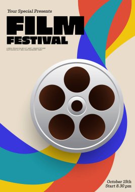 Renkli organik şekilli film ve film festivali poster tasarımı şablonu. Broşür, broşür, baskı, davetiye, vektör illüstrasyonu için tasarım ögesi kullanılabilir