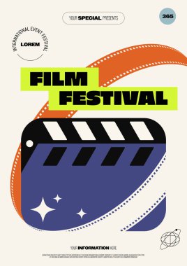 Film ve film festivali poster şablonu tasarımı film tahtası ve film şeridi minimal tarzıyla dekore edildi. El ilanı, broşür, baskı, broşür, broşür, vektör illüstrasyonu için tasarım ögesi kullanılabilir