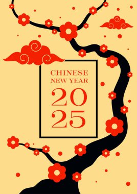 Sarı arka planda izole edilmiş erik çiçekleri ile dekore edilmiş Çin yeni yılı minimal düz tasarım tarzı. Tasarım ögesi arkaplan, yazdırma, broşür, broşür, pankart, vektör illüstrasyonu için kullanılabilir