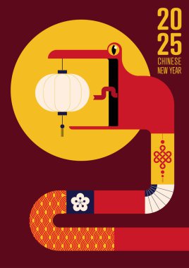 Yılan ve soyut sanat desenleri ile dekore edilmiş Çin yeni yılı 2025 minimal düz tasarım tarzı. Tasarım ögesi arkaplan, yazdırma, broşür, broşür, pankart, vektör illüstrasyonu için kullanılabilir