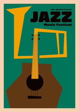 Classic jazz music festival poster template design background. Minimal shape of guitar and trumpet vintage retro style. Design element for print, brochure, leaflet, flyer, vector illustration clipart