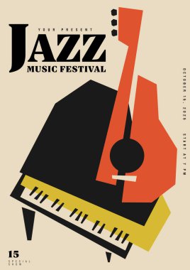 Caz müzik festivali poster şablonu tasarım arka planı. Piyano ve gitar vintage retro tarzının soyut geometrik şekli. Yazdırma, broşür, broşür, broşür, broşür, pankart, vektör ilüstrasyonu için tasarım ögesi