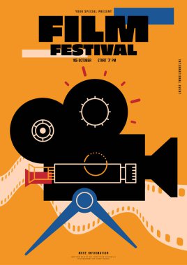 Film ve film festivali poster tasarım şablonu sarı arka planda izole edilmiş klasik film kamerasıyla dekore edildi. Broşür, broşür, broşür, baskı, vektör illüstrasyonu için tasarım ögesi kullanılabilir