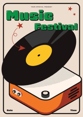 Müzik festivali poster şablonu tasarımı. Isometric vinil plak modern antika antika antika eski tarz. Davetiye, broşür, el ilanı, yazdırma, pankart, vektör ilüstrasyonu için kullanılabilir